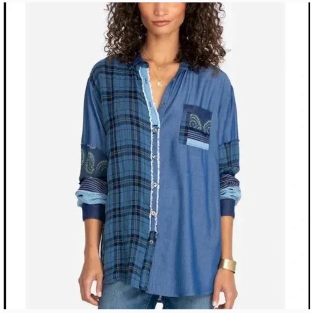 Johnny Was Workshop Indigo Mixup‎ Patchwork Raw Edge Shirt Boho Oversized Medium